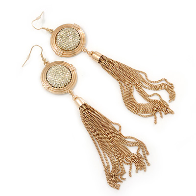 Long Glittering Disk With Chain Tassel Drop Earrings In Gold Plating ...