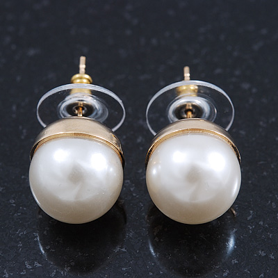 Classic White Faux Pearl Stud Earrings In Gold Tone Plating - 10mm Diameter