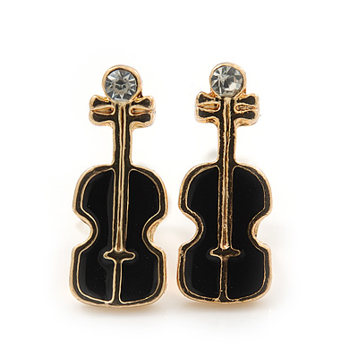 Children's/ Teen's / Kid's Small Black Enamel 'Violin' Stud Earrings In Gold Plating - 13mm Length