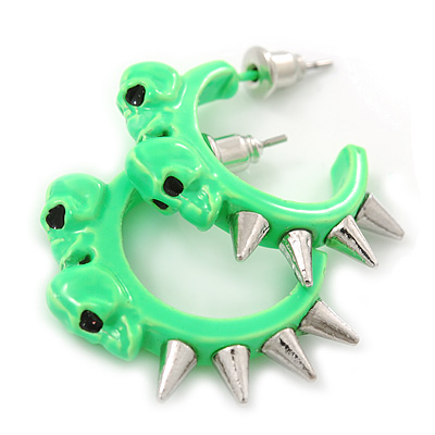 Teen Skulls and Spikes Small Hoop Earrings in Neon Green (Silver Tone) - 30mm Width