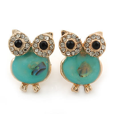 Funky Light Green Crystal 'Owl' Stud Earrings In Gold Plating - 18mm Length
