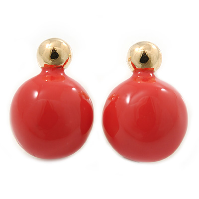 Teen Orange Enamel Dome Shaped Stud Earrings In Gold Plating - 20mm Length