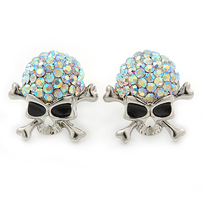 AB Crystal 'Skull & Crossbones' Stud Earrings In Rhodium Plating - 20mm Length