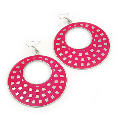 Large Lightweight Fuchsia Enamel Hoop Earrings In Rhodium Plating - 8cm Drop