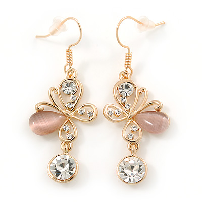Clear Crystal, Light Pink Cat Eye Stone Butterfly Drop Earrings In Gold Plating - 50mm Length