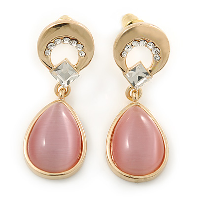 Pink Cat Eye Teardrop Earrings In Gold Plating - 33mm Length