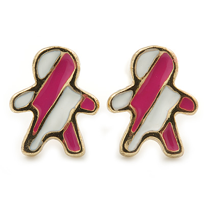 Children's/ Teen's / Kid's Small Deep Pink, White Enamel 'Gingerbread Man' Stud Earrings In Gold Plating - 10mm Length