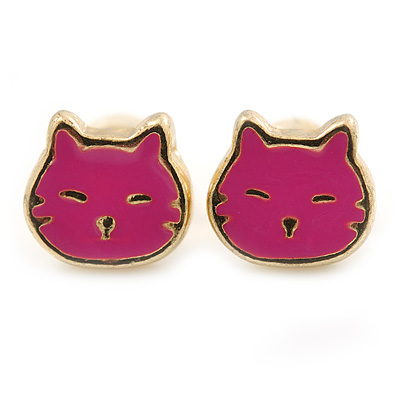Children's/ Teen's / Kid's Tiny Deep Pink Enamel 'Kitten' Stud Earrings In Gold Plating - 7mm Width