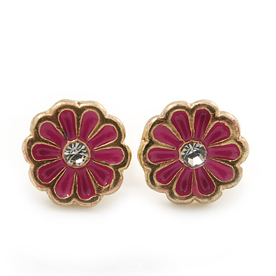 Children's/ Teen's / Kid's Tiny Fuchsia Enamel 'Daisy' Stud Earrings In Gold Plating - 7mm Diameter