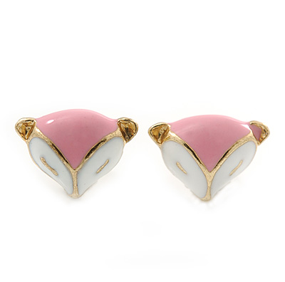 Children's/ Teen's / Kid's Tiny Pink/ White Enamel 'Fox' Stud Earrings In Gold Plating - 10mm Width