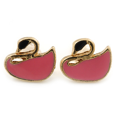 Children's/ Teen's / Kid's Small Pink Enamel 'Swan' Stud Earrings In Gold Plating - 10mm Width
