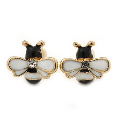 Children's/ Teen's / Kid's Tiny Black/ White Enamel 'Bee' Stud Earrings In Gold Plating - 10mm Diameter