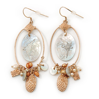 Vintage Inspired Oval Hoop With Freshwater Pearl, Mother of Pearl Charm Earrings In Gold Tone - 70mm Length