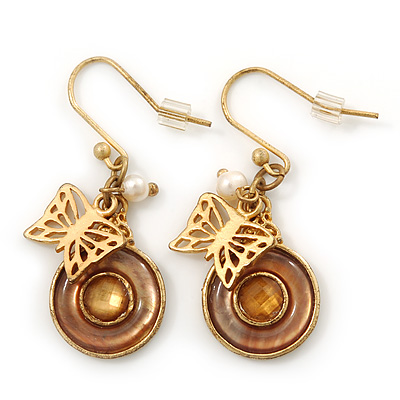 Vintage Inspired Butterfly, Bead & Freshwater Pearl Drop Earring In Gold Tone - 35mm Length