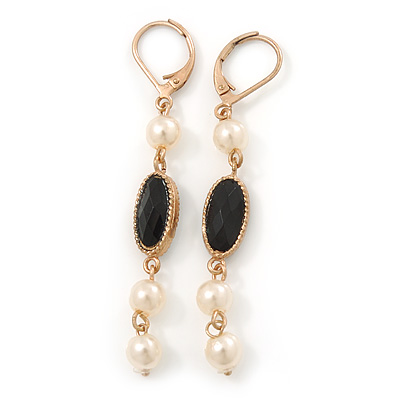 Vintage Inspired Simulated Pearl Beaded Drop Earrings With Leverback Closure In Gold Tone - 55mm Length
