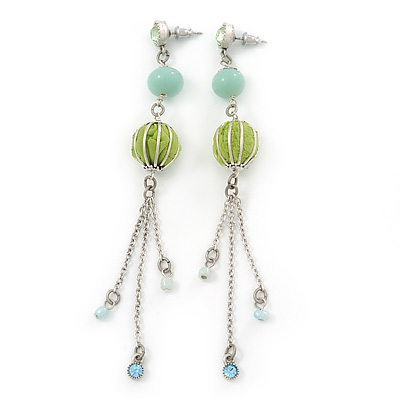Long Light Green Fabric, Light Blue Glass Bead Chain Dangle Earrings In Silver Tone - 11cm Length