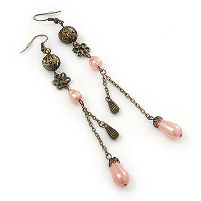 Vintage Inspired Bronze Tone Filigree, Pink Acrylic Bead, Chain Drop Earrings - 11cm Length