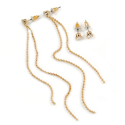 Gold Plated Tassel Drop & Crystal Stud Earring Set - 10cm Length