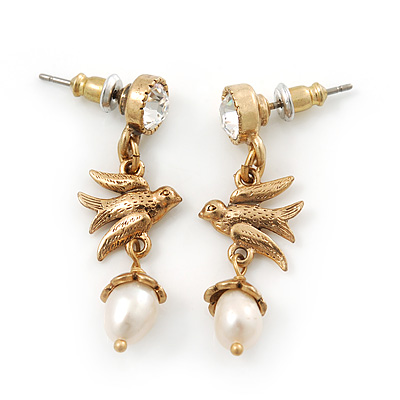 Vintage Inspired Swallow With Freshwater Pearl Drop Earrings In Gold Tone - 35mm Length