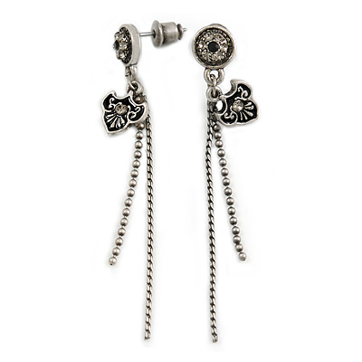 Vintage Inspired Burn Silver Tone Crystal Tassel Drop Earrings - 60mm Length