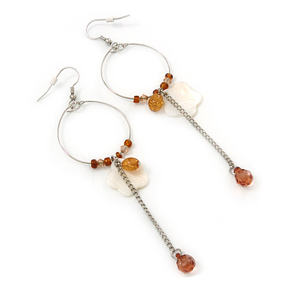 Silver Tone Brown Bead, Shell Flower Charm Hoop Earrings - 12cm Length