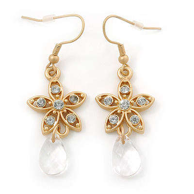 Matt Gold Tone Crystal Flower Drop Earrings - 55mm Length