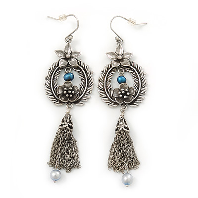 Vintage Inspired Floral Freshwater Pearl, Tassel Drop Earrings In Burn Silver Tone - 85mm Length