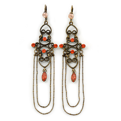 Long Vintage Inspired Carrot Diamante Chandelier Earrings With Leverback Closure In Burn Silver Tone - 11cm Length