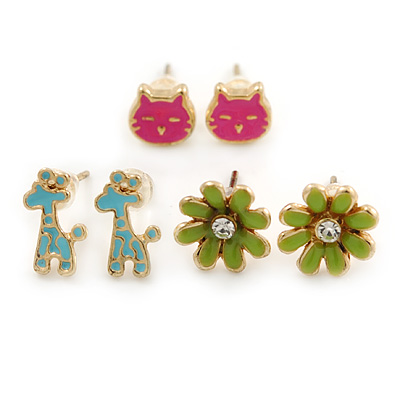 Children's/ Teen's / Kid's Blue Giraffe, Pink Cat, Green Flower Stud Earring Set In Gold Tone - 8-10mm