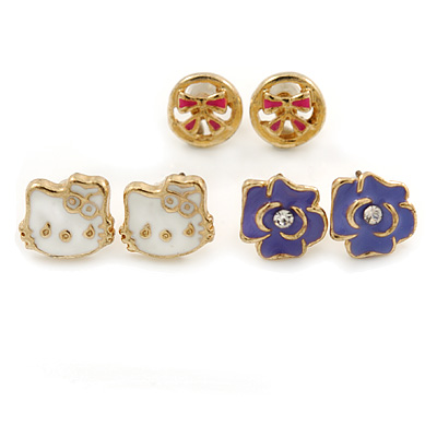 Children's/ Teen's / Kid's White Kitty, Purple Rose, Pink Bow Stud Earring Set In Gold Tone - 10mm