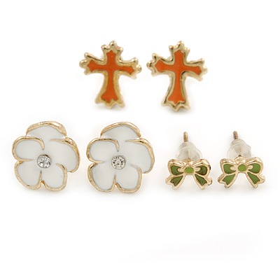 Children's/ Teen's / Kid's Green Bow, White Flower, Orange Cross Stud Earring Set In Gold Tone - 6-12mm