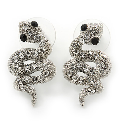 Rhodium Plated Crystal 'Snake' Stud Earrings - 25mm Length