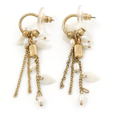 Small Gold Tone Hoop Earrings With Chains, Freshwater Peals, Mother Of Pearl Leaves - 50mm L