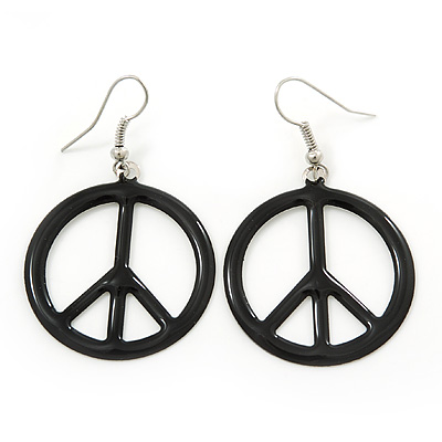 Black Enamel 'Peace' Drop Earrings In Silver Plating - 50mm Length