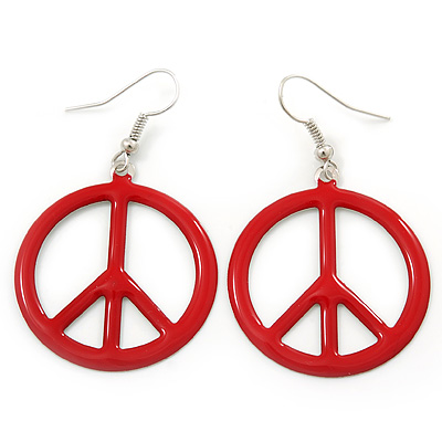 Red Enamel 'Peace' Drop Earrings In Silver Plating - 50mm Length