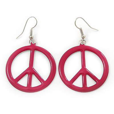 Magenta Enamel 'Peace' Drop Earrings In Silver Plating - 50mm Length