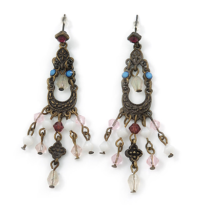 Vintage Inspired Bronze Tone Pink, Milky White Acrylic Bead Chandelier Earrings - 70mm Length