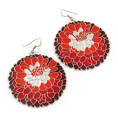 Red/ Burgundy Round Enamel Hammered 'Rose' Drop Earrings In Silver Tone - 60mm Length