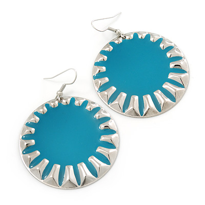 Large Round Teal Enamel Drop Earrings In Silver Tone - 45mm Diameter