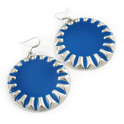 Large Round Royal Blue Enamel Drop Earrings In Silver Tone - 45mm Diameter