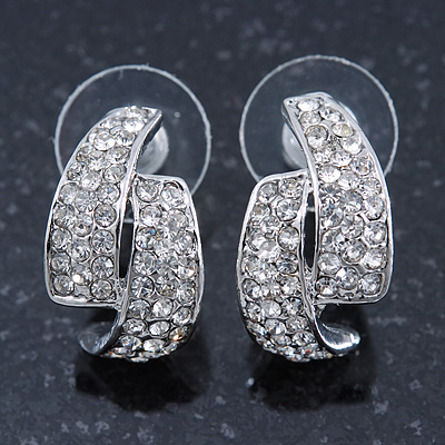 Silver Tone Clear Austrian Crystal C Shape Stud Earrings - 20mm L