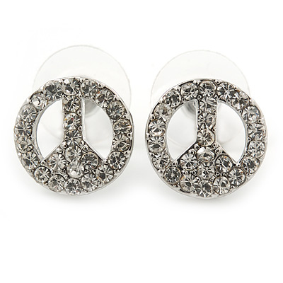 Small Clear Austrian Crystal 'Peace' Stud Earrings In Rhodium Plating - 14mm Diameter