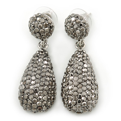 Bridal, Prom, Wedding Pave Hematite Coloured Austrian Crystal Teardrop Earrings In Rhodium Plating - 48mm Length