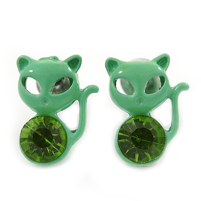 Teen's Light Green Crystal Kitty Stud Earrings In Silver Tone Metal - 12mm Length