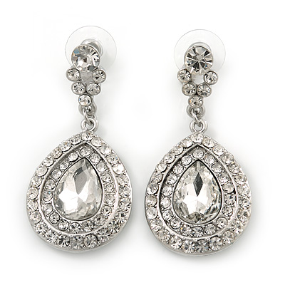 Bridal/ Prom/ Wedding Clear Austrian Crystal Teardrop Earrings In Rhodium Plating - 50mm Length