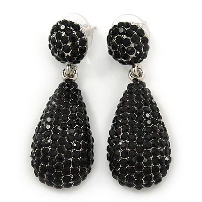 Pave Jet Black Austrian Crystal Teardrop Earrings In Rhodium Plating - 48mm Length