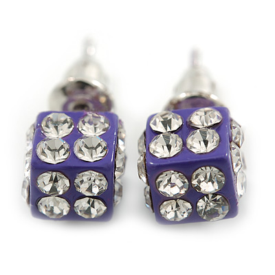 Purple Enamel, Clear Crystal Dice Earrings In Silver Tone Metal - 7mm Diameter