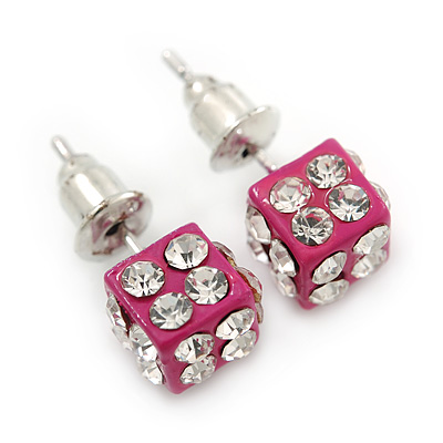 Deep Pink Enamel, Clear Crystal Dice Earrings In Silver Tone Metal - 7mm Diameter