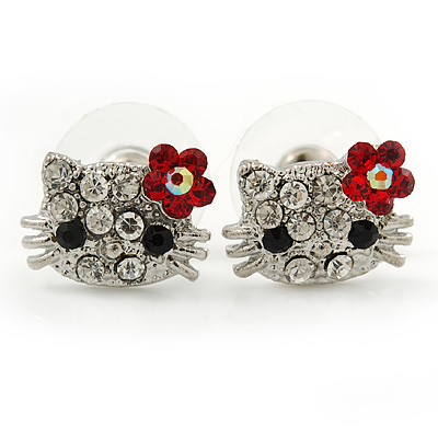 Small Children's/ Teen's / Kid's Crystal 'Kitty' Stud Earrings In Silver Tone - 15mm W
