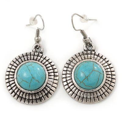 Vintage Inspired Round, Hammered Turquoise Drop Earrings In Antique Silver Tone - 45mm L